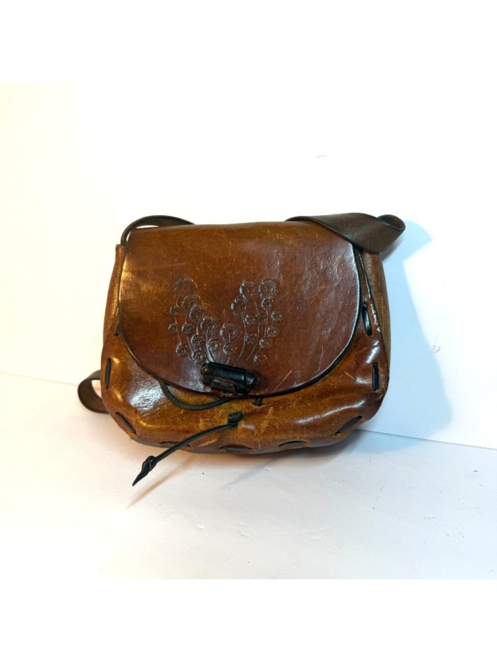 Vintage Brown Leather Tooled Floral Crossbody Shoulder Bag Boho Hippie Western
